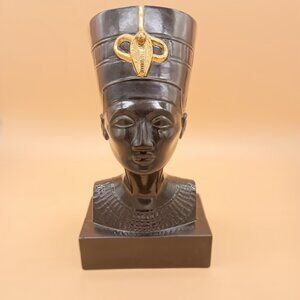 Vintage Nefertiti Bust 1970s Neo Egyptian Decor Black Gold Ceramic